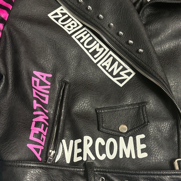 Azalea Wang Black Studded Leather Jacket with Pink and Zebra Sleeves - Picture 2 of 7